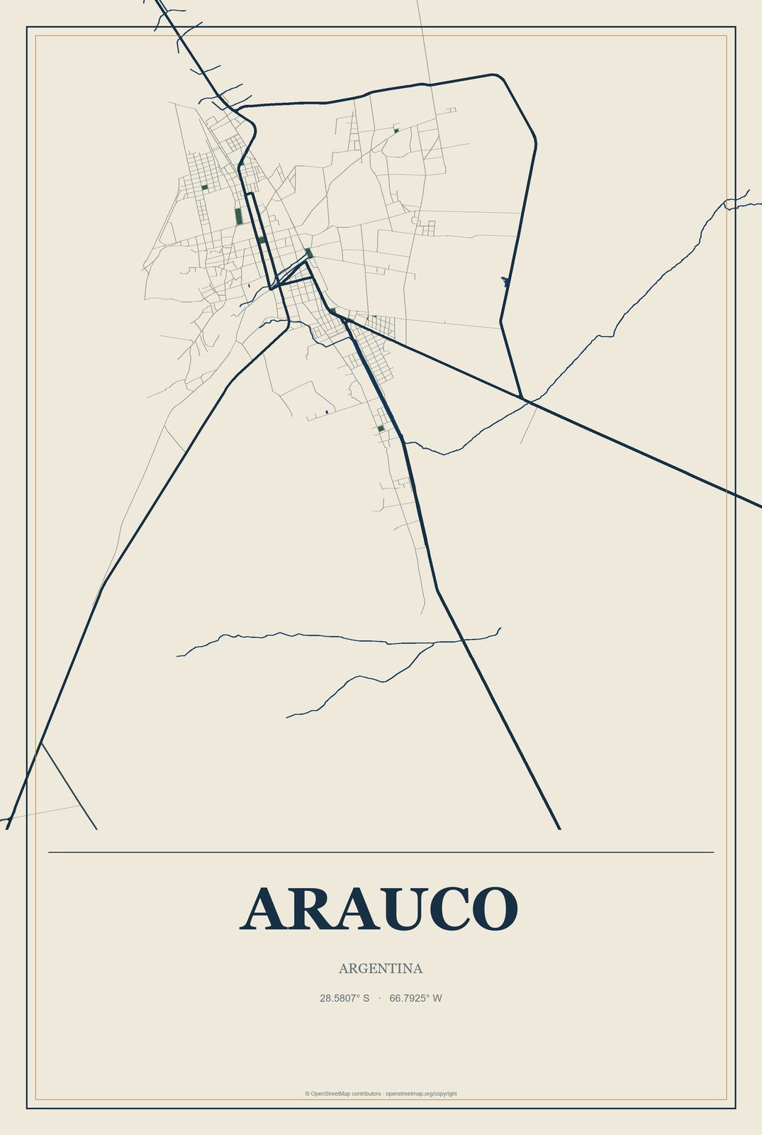 Arauco, Argentina City Map Aluminum Sign in Coastal Cutout style