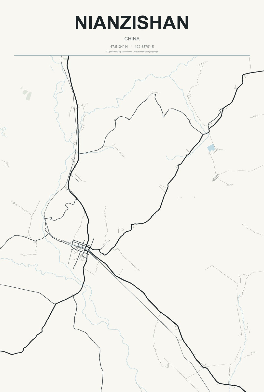 Nianzishan, China City Map Aluminum Sign in Headline Atlas style