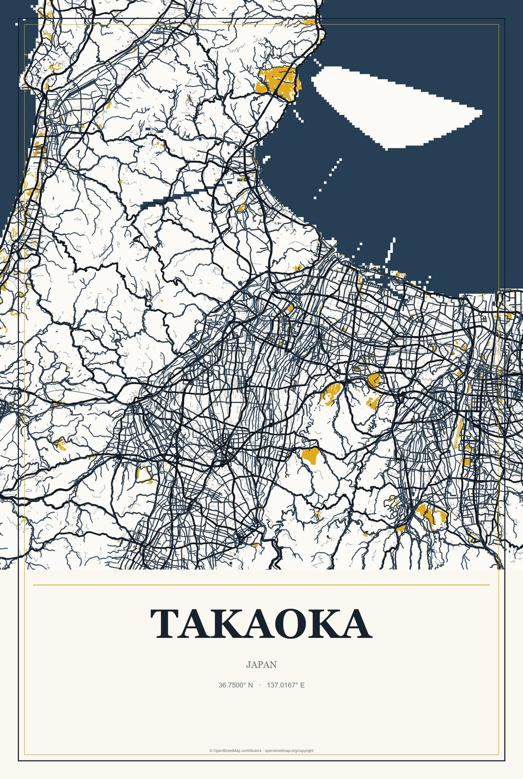 Takaoka, Japan City Map Aluminum Sign in Citrine Modern style