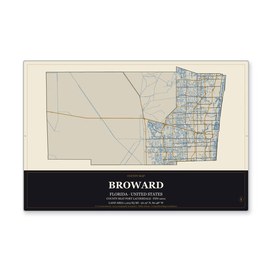 Broward County, Florida Map Aluminum Sign in Museum Plaque style