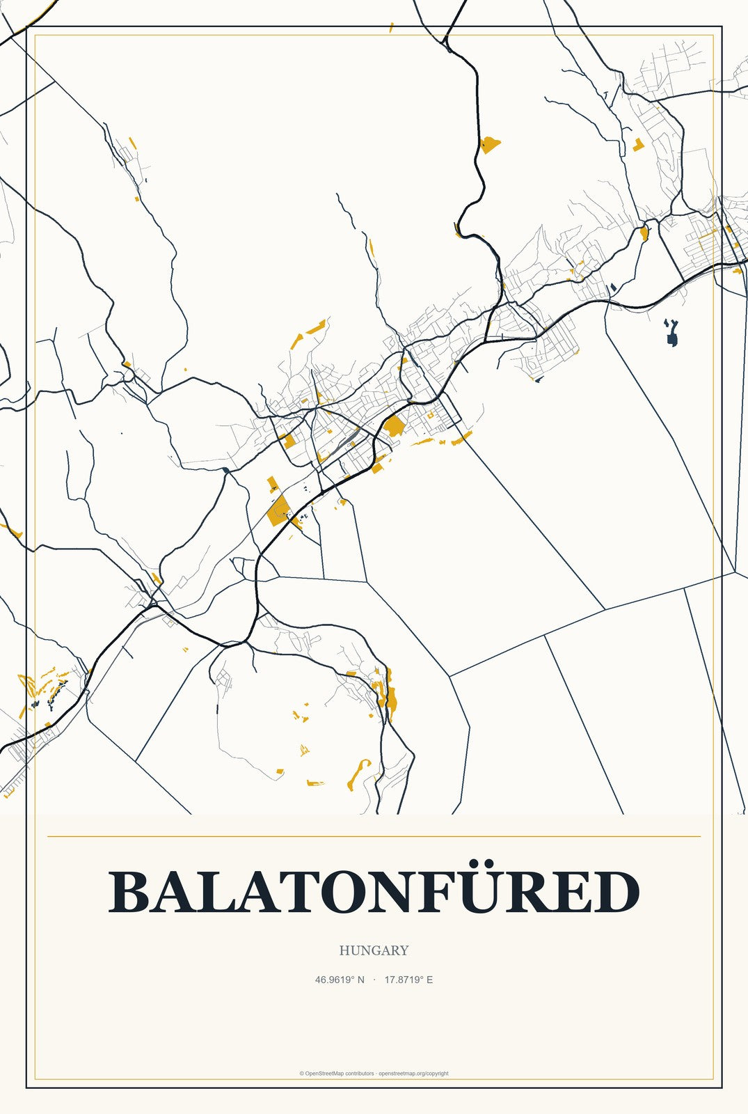 Balatonfüred, Hungary City Map Aluminum Sign in Citrine Modern style