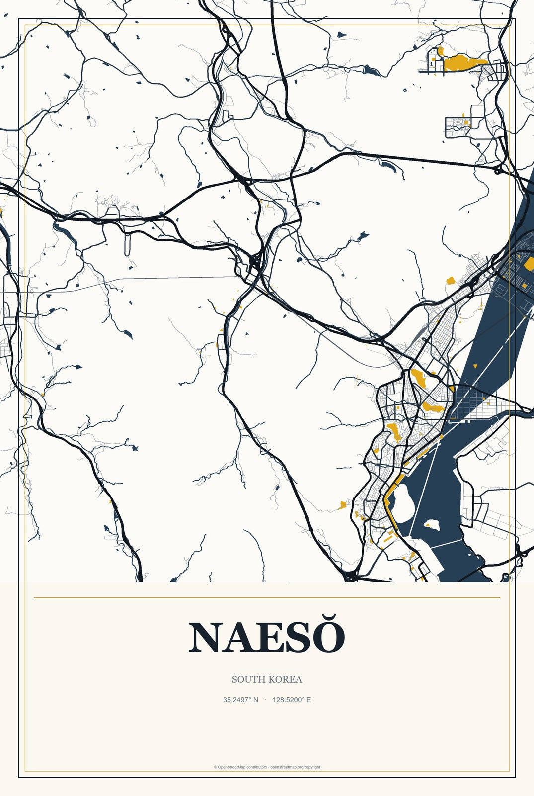 Naesŏ, South Korea City Map Aluminum Sign in Citrine Modern style