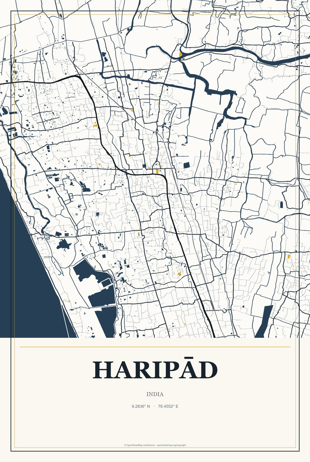 Haripād, India City Map Aluminum Sign in Citrine Modern style