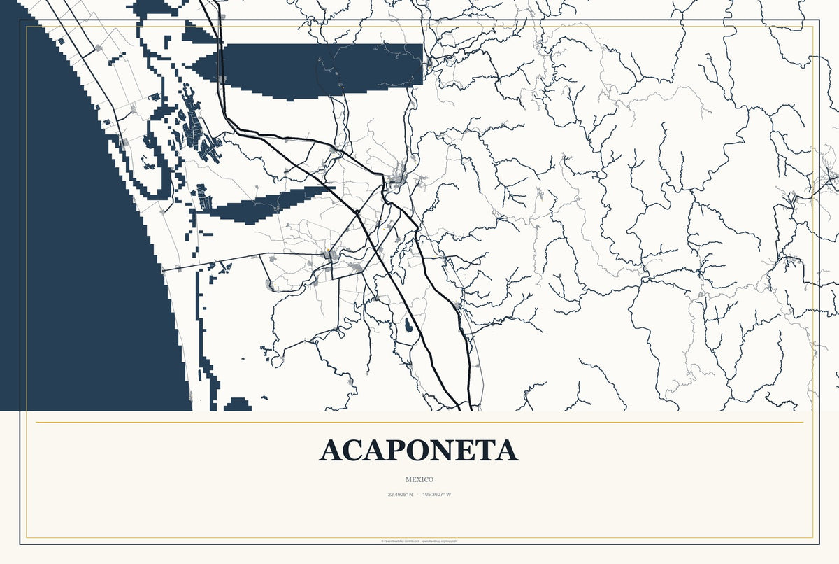 Acaponeta, Mexico City Map Aluminum Sign in Citrine Modern style