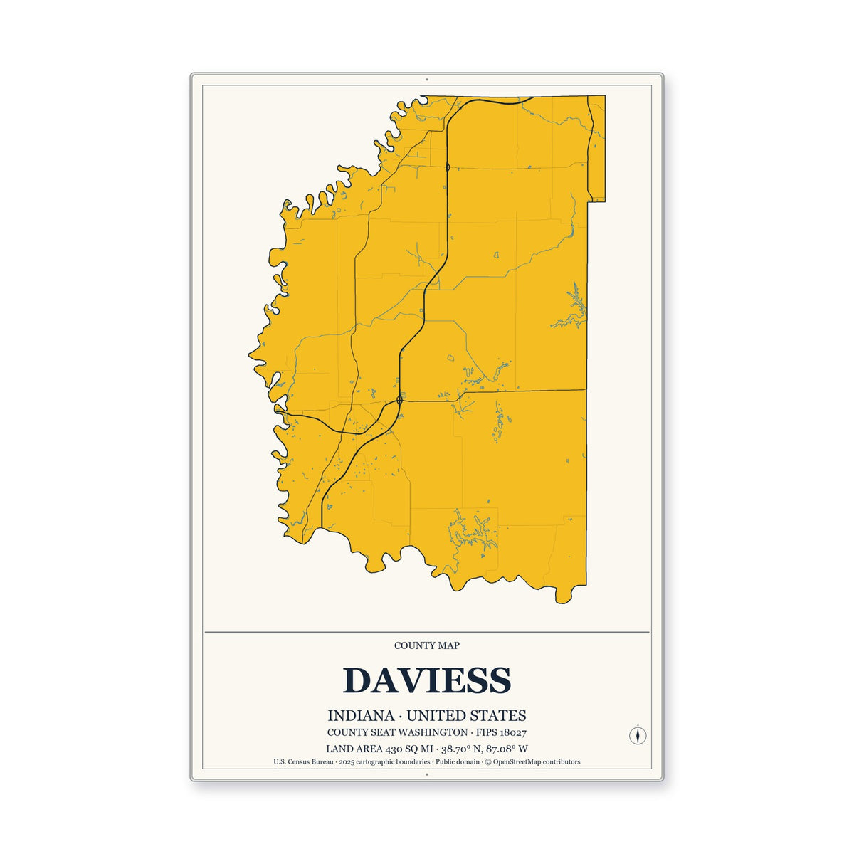 Daviess County, Indiana Map Aluminum Sign in Citrine Modern style