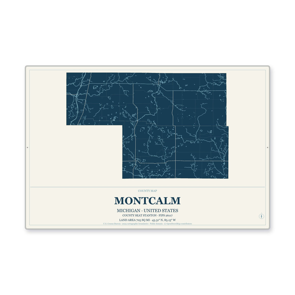 Montcalm County, Michigan Map Aluminum Sign in Coastal Cutout style