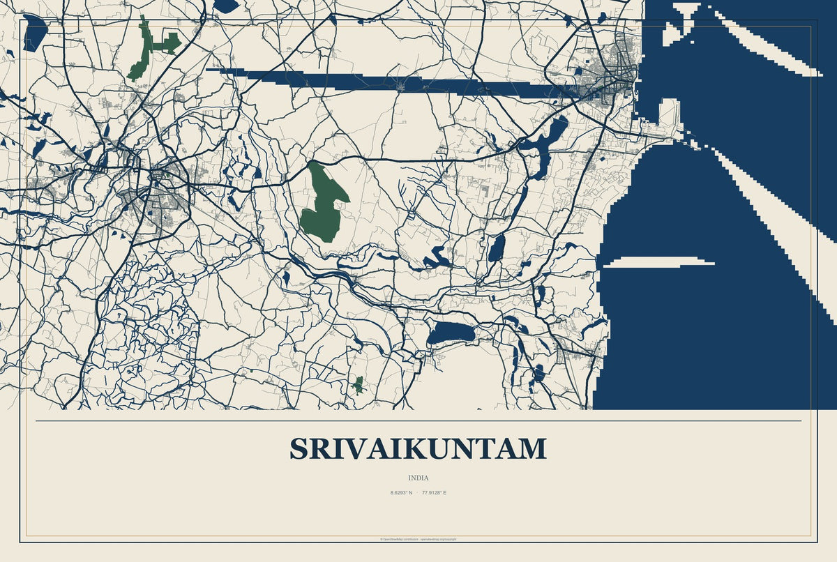 Srivaikuntam, India City Map Aluminum Sign in Coastal Cutout style