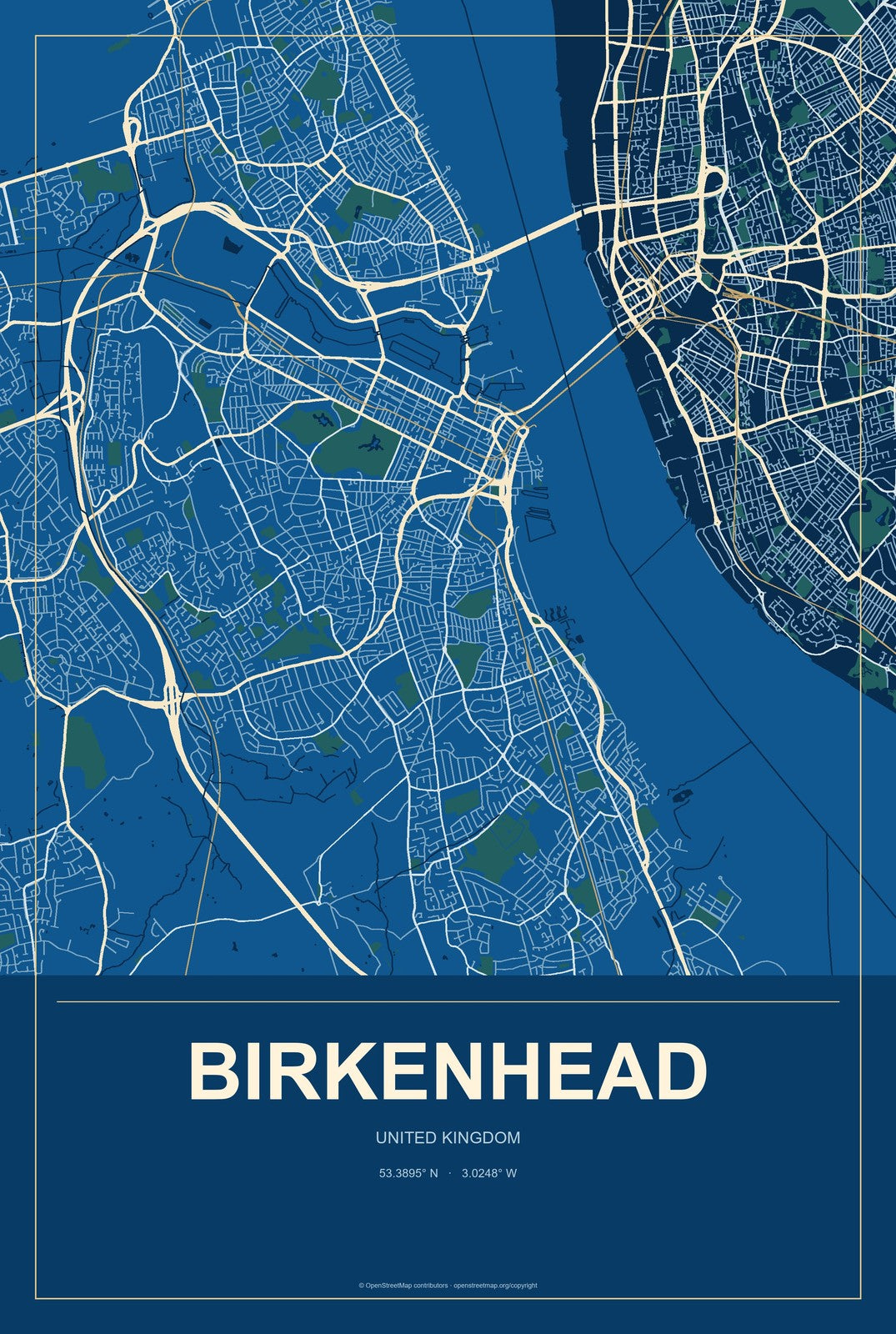 Birkenhead, United Kingdom City Map Aluminum Sign in Harbor Cobalt style