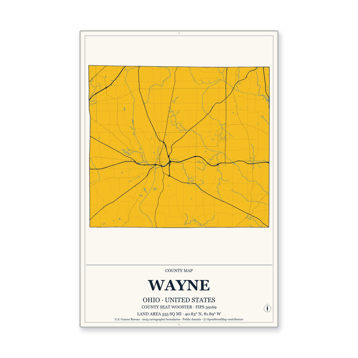Wayne County, Ohio Map Aluminum Sign in Citrine Modern style