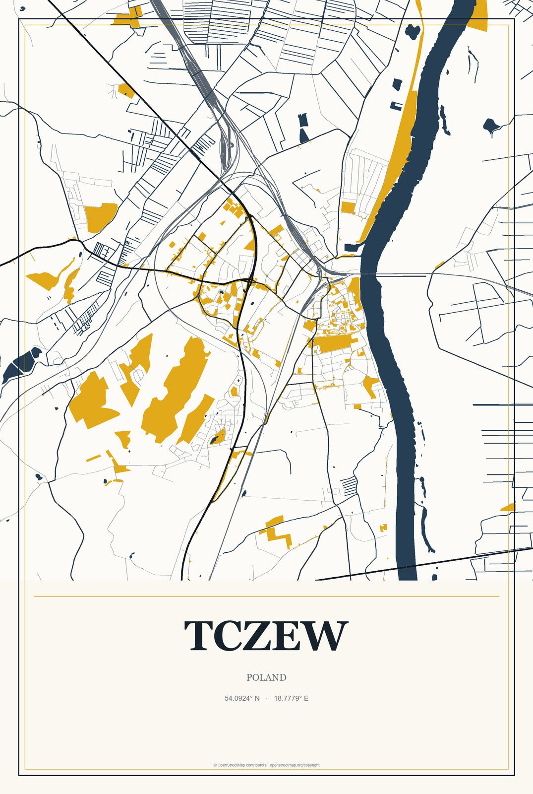 Tczew, Poland City Map Aluminum Sign in Citrine Modern style