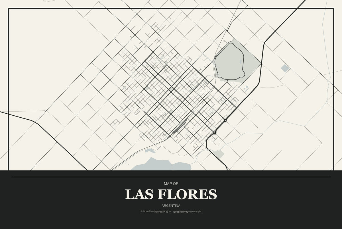 Las Flores, Argentina City Map Aluminum Sign in Museum Plaque style
