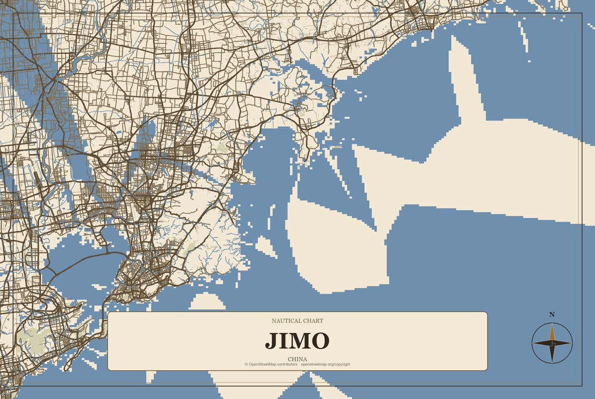 Jimo, China City Map Aluminum Sign in Heritage Nautical style