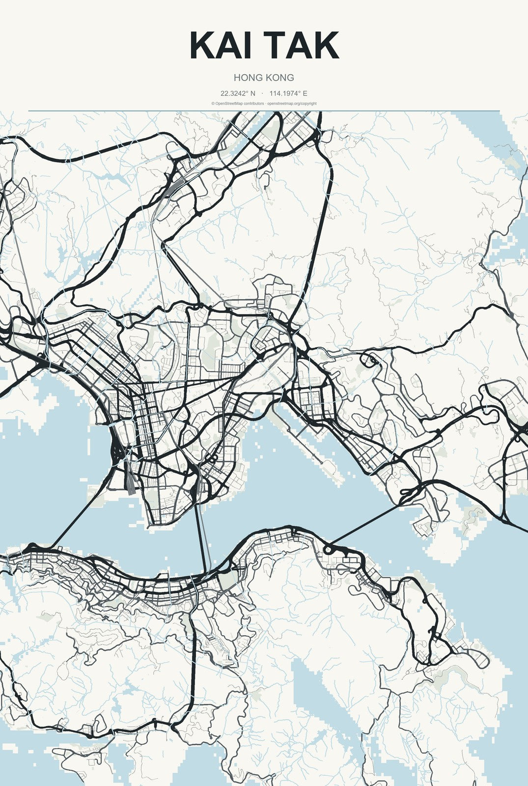 Kai Tak, Hong Kong City Map Aluminum Sign in Headline Atlas style