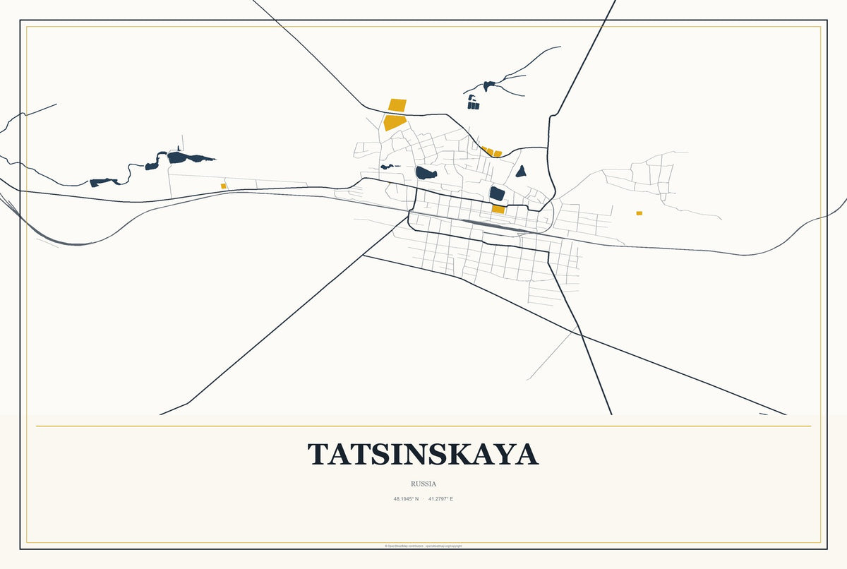 Tatsinskaya, Russia City Map Aluminum Sign in Citrine Modern style