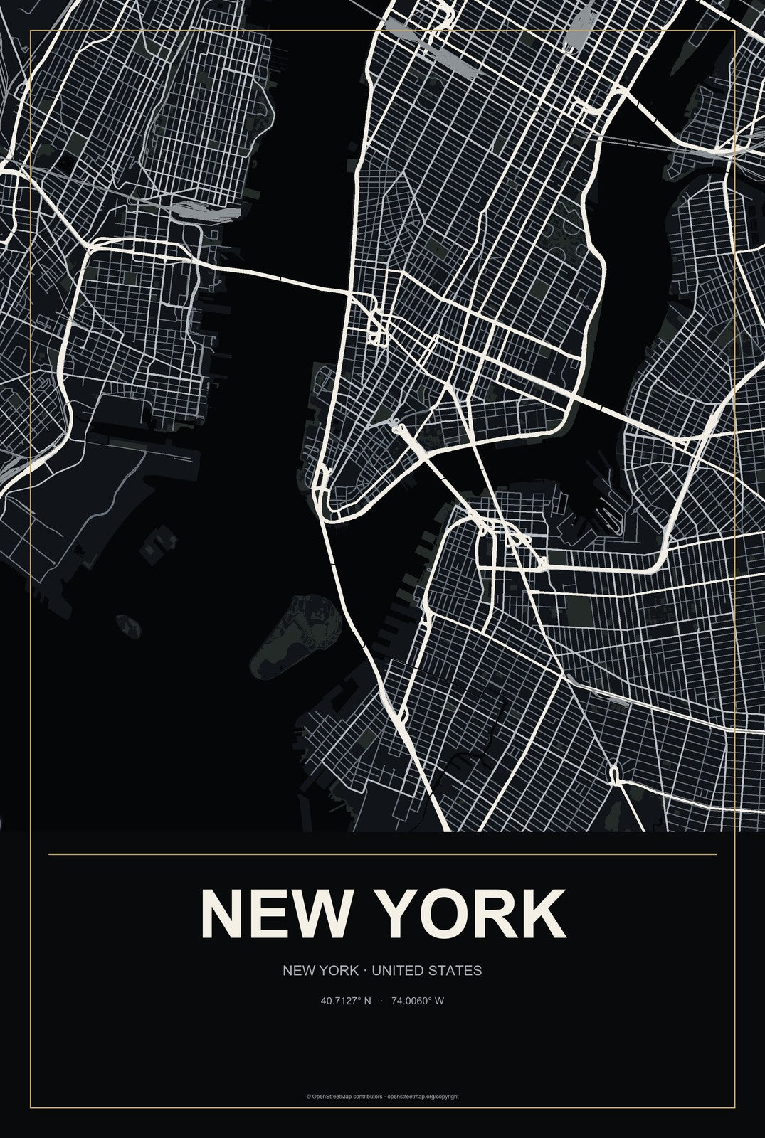 New York, New York City Map Aluminum Sign in Metropolitan Noir style