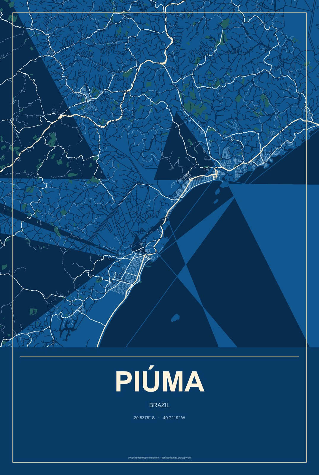 Piúma, Brazil City Map Aluminum Sign in Harbor Cobalt style