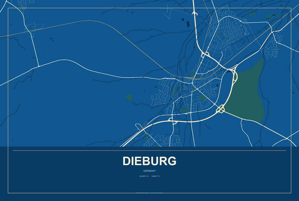 Dieburg, Germany City Map Aluminum Sign in Harbor Cobalt style