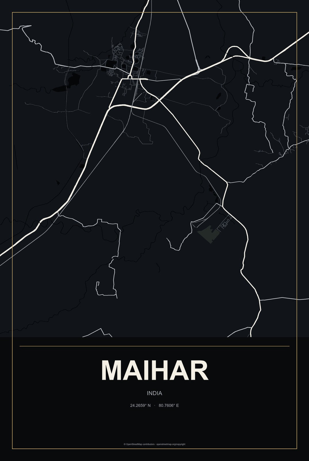 Maihar, India City Map Aluminum Sign in Metropolitan Noir style