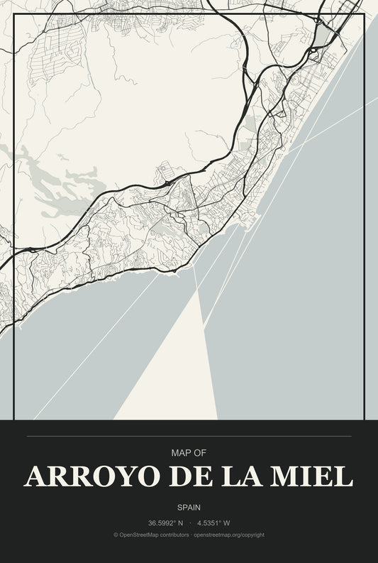 Arroyo de la Miel, Spain City Map Aluminum Sign in Museum Plaque style