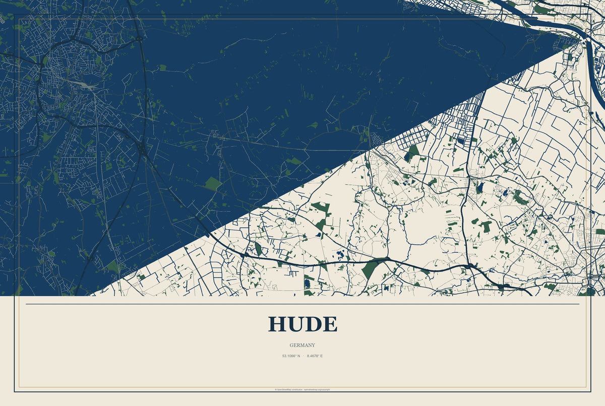 Hude, Germany City Map Aluminum Sign in Coastal Cutout style