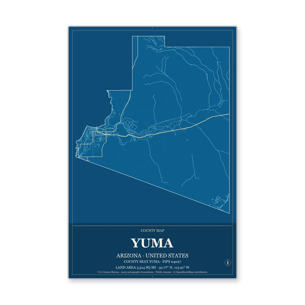 Yuma County, Arizona Map Aluminum Sign in Harbor Cobalt style