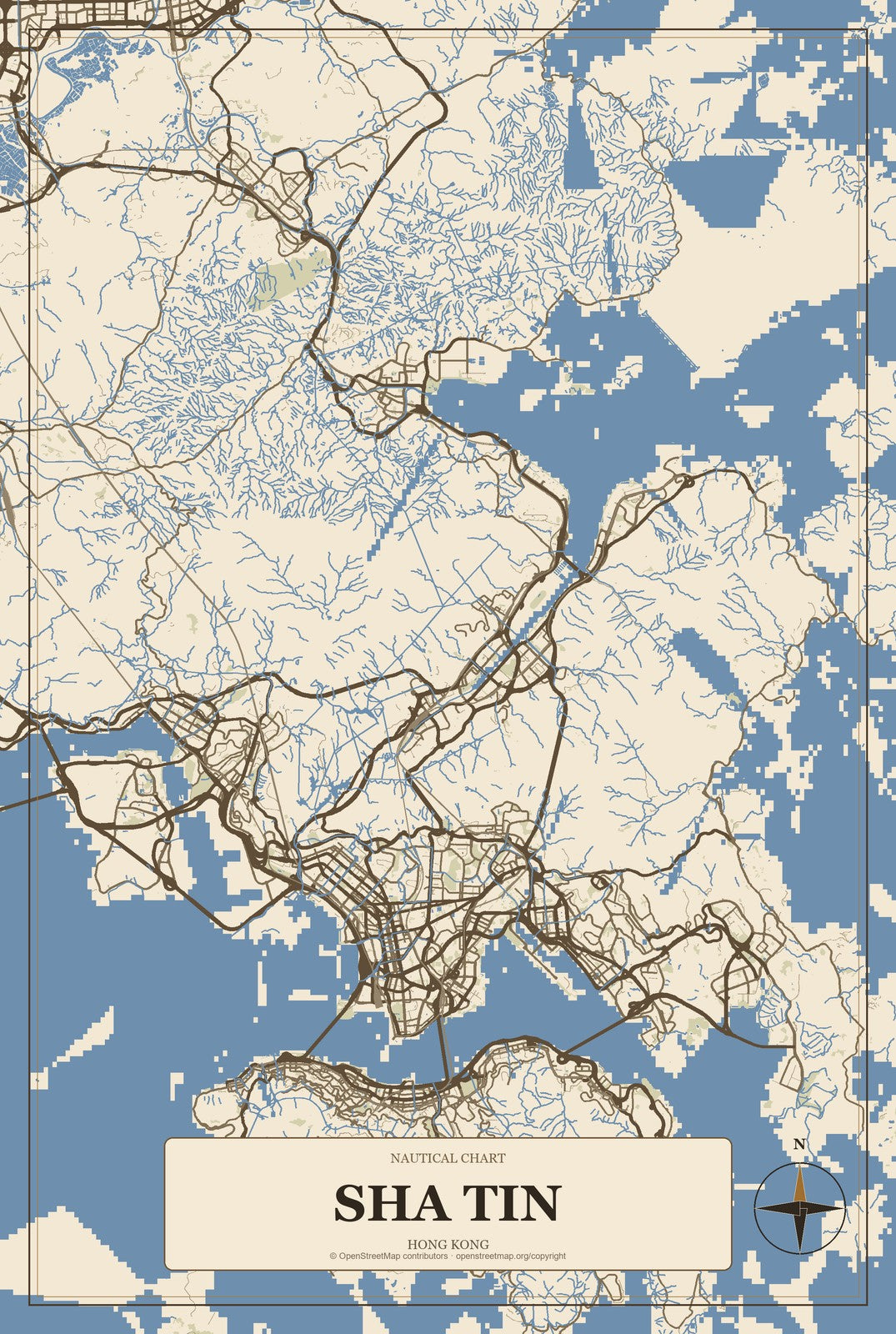 Sha Tin, Hong Kong City Map Aluminum Sign in Heritage Nautical style