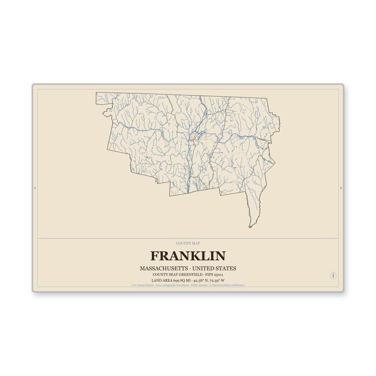 Franklin County, Massachusetts Map Aluminum Sign in Heritage Nautical style