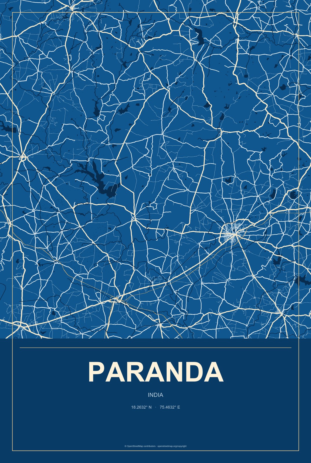 Paranda, India City Map Aluminum Sign in Harbor Cobalt style