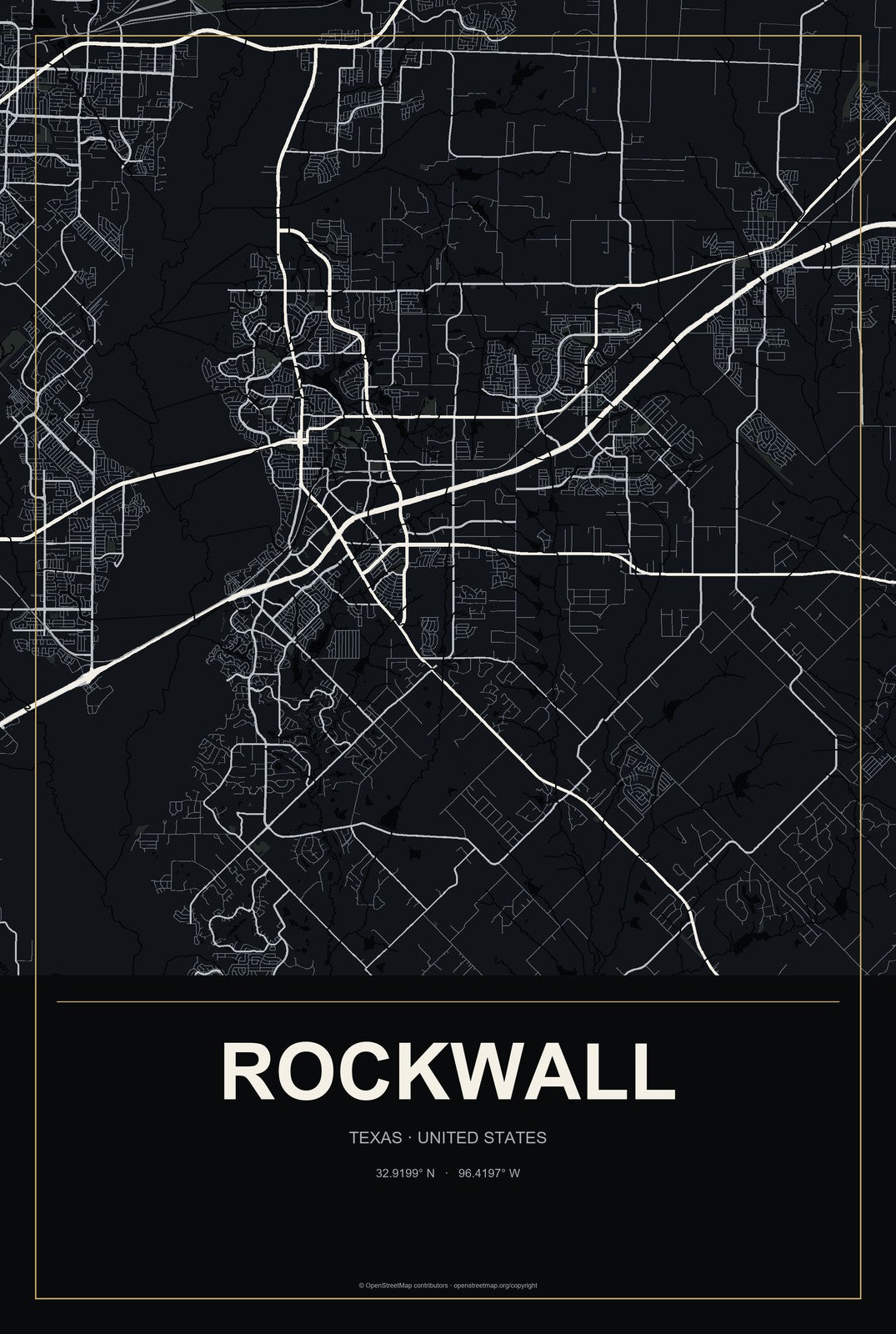 Rockwall, Texas City Map Aluminum Sign in Metropolitan Noir style