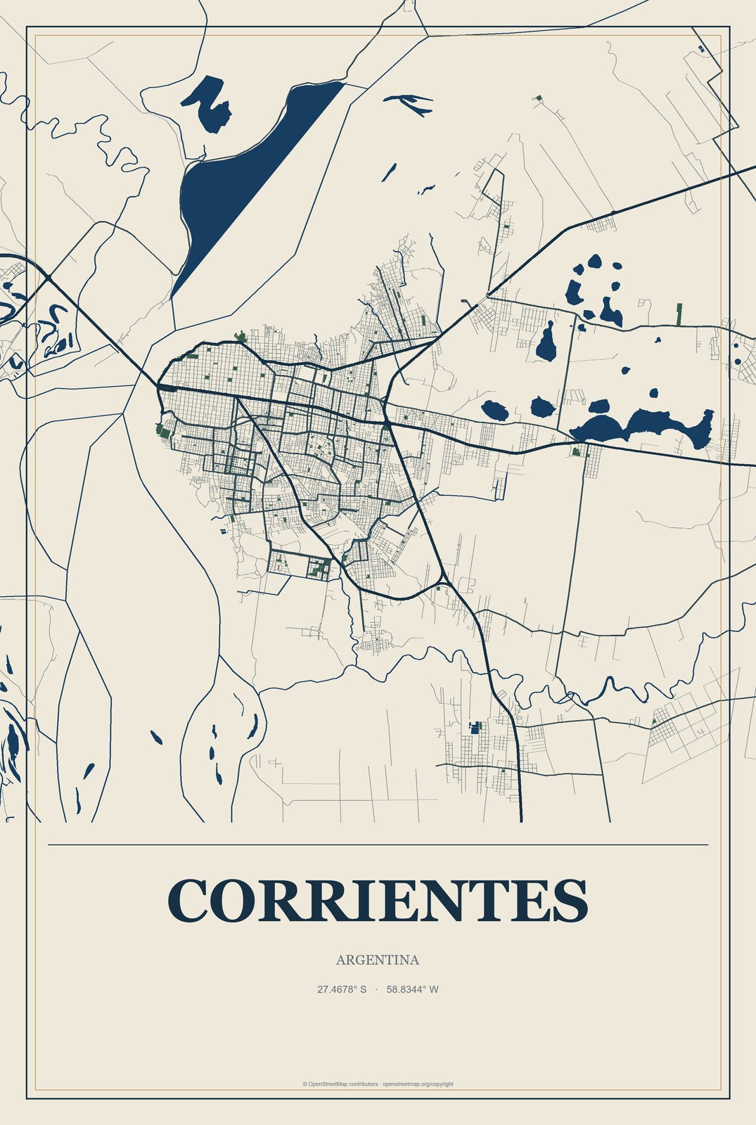 Corrientes, Argentina City Map Aluminum Sign in Coastal Cutout style