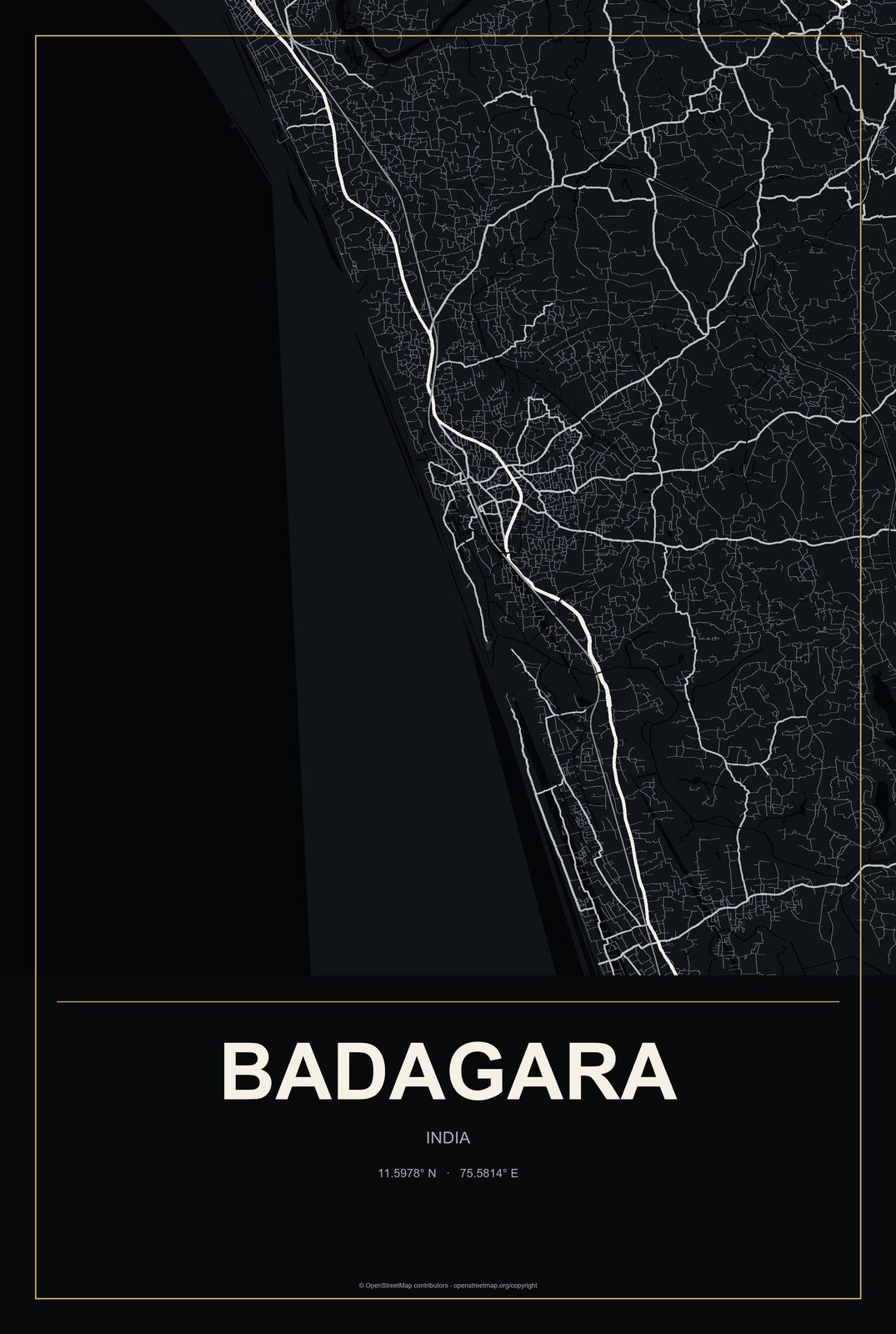 Badagara, India City Map Aluminum Sign in Metropolitan Noir style