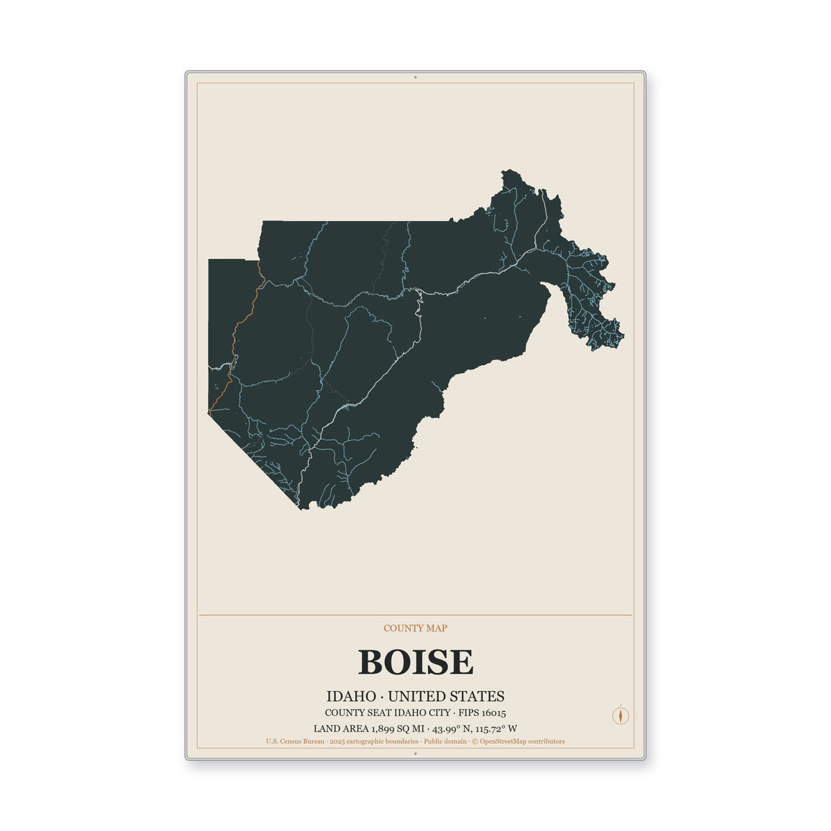 Boise County, Idaho Map Aluminum Sign in Headline Atlas style