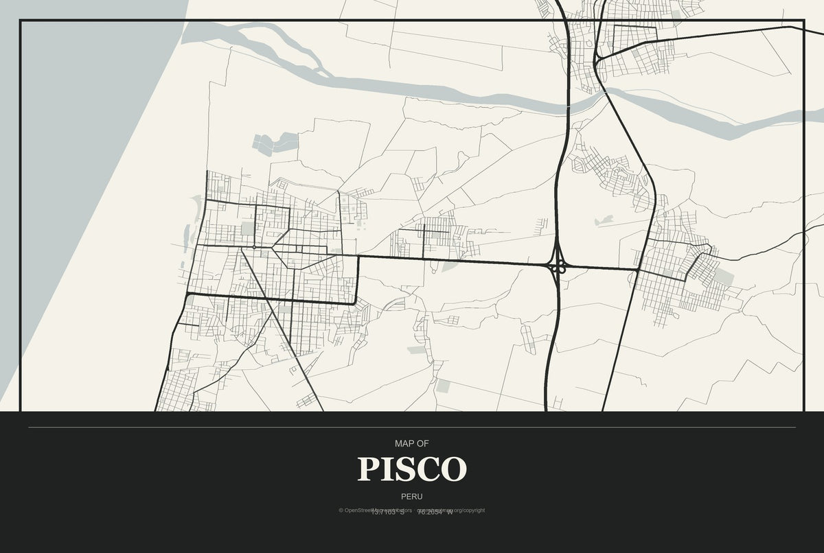 Pisco, Peru City Map Aluminum Sign in Museum Plaque style