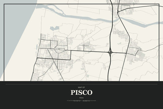 Pisco, Peru City Map Aluminum Sign in Museum Plaque style