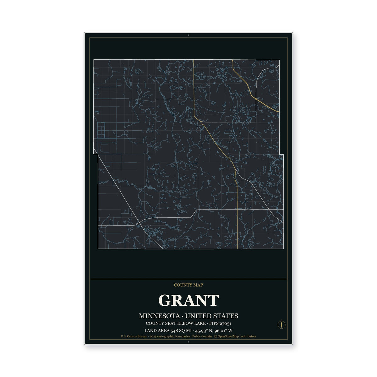 Grant County, Minnesota Map Aluminum Sign in Metropolitan Noir style