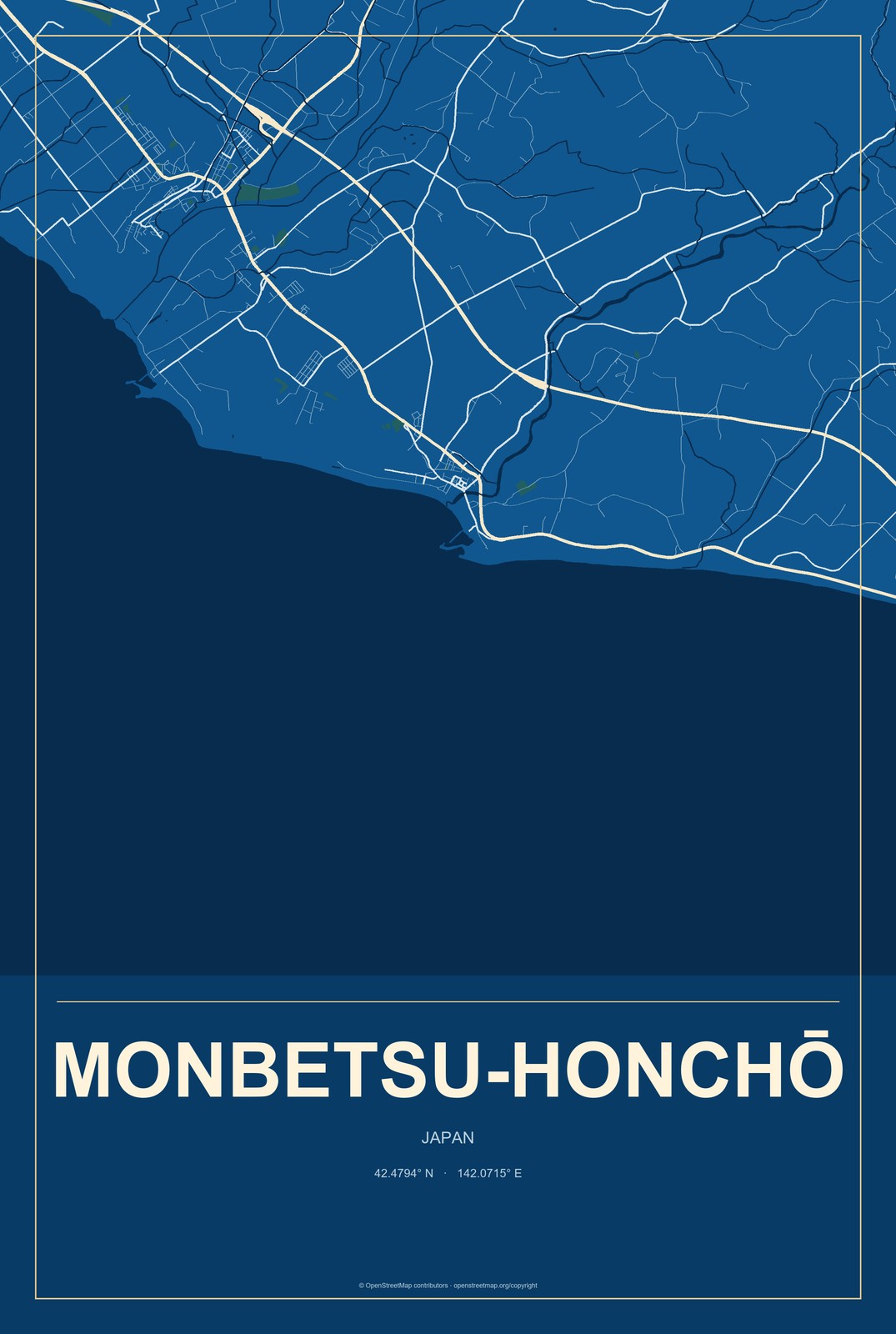 Monbetsu-honchō, Japan City Map Aluminum Sign in Harbor Cobalt style