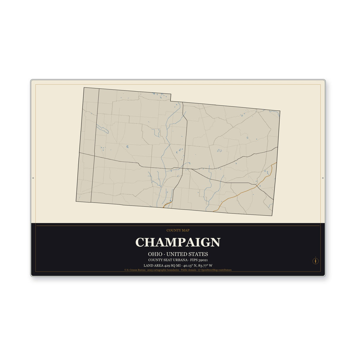 Champaign County, Ohio Map Aluminum Sign in Museum Plaque style