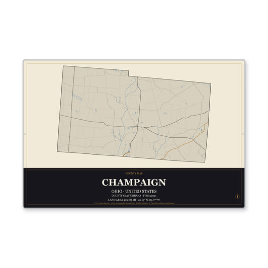 Champaign County, Ohio Map Aluminum Sign in Museum Plaque style