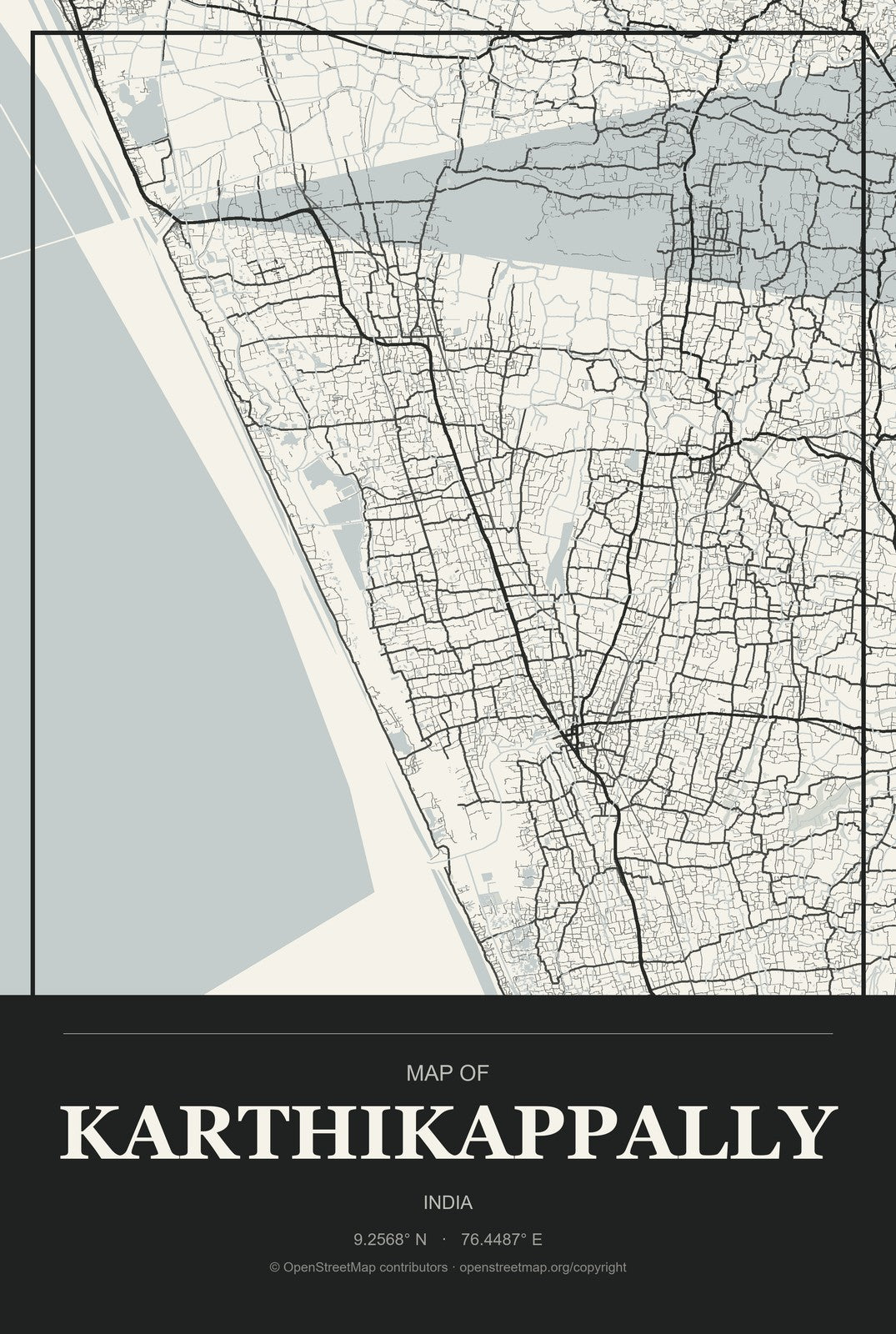 Karthikappally, India City Map Aluminum Sign in Museum Plaque style
