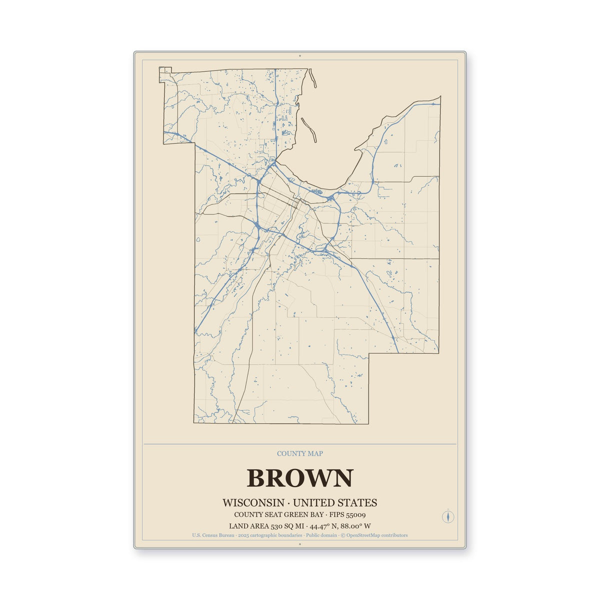 Brown County, Wisconsin Map Aluminum Sign in Heritage Nautical style