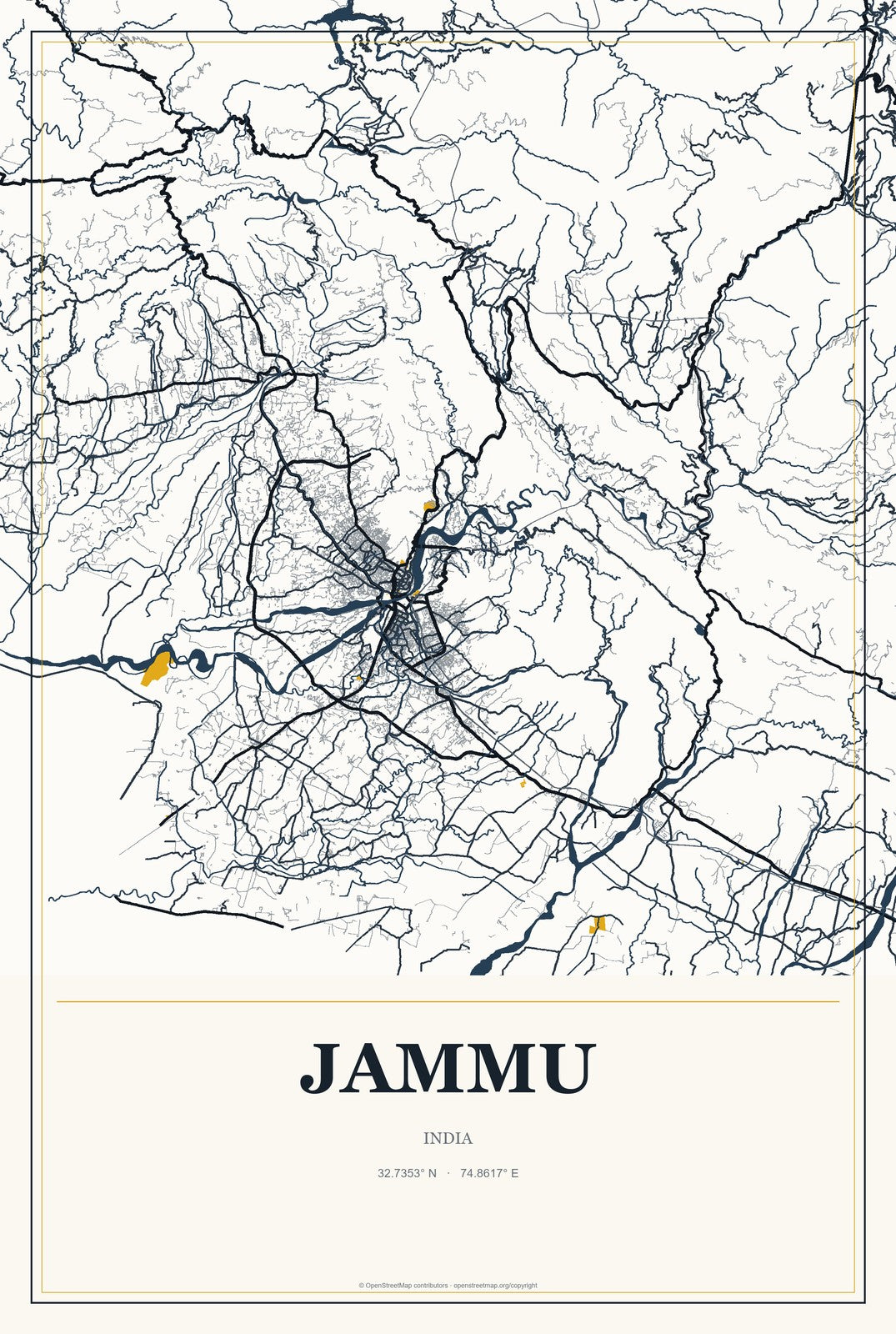 Jammu, India City Map Aluminum Sign in Citrine Modern style