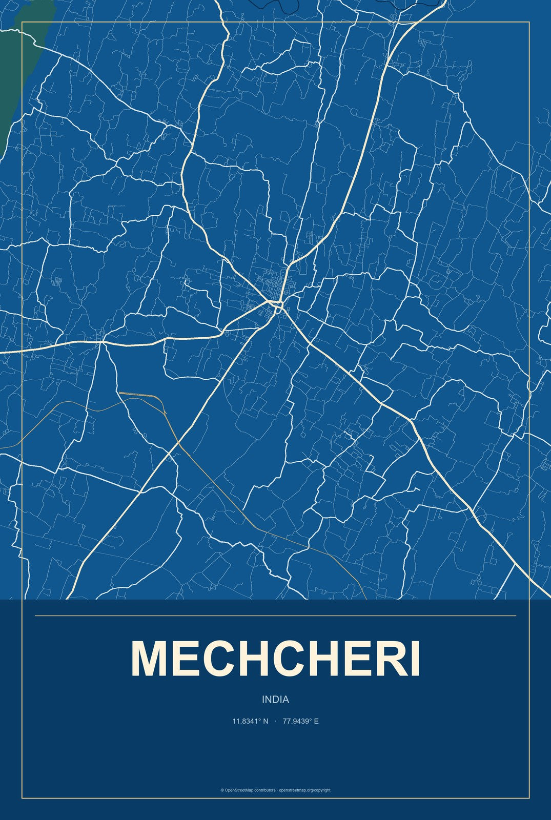 Mechcheri, India City Map Aluminum Sign in Harbor Cobalt style