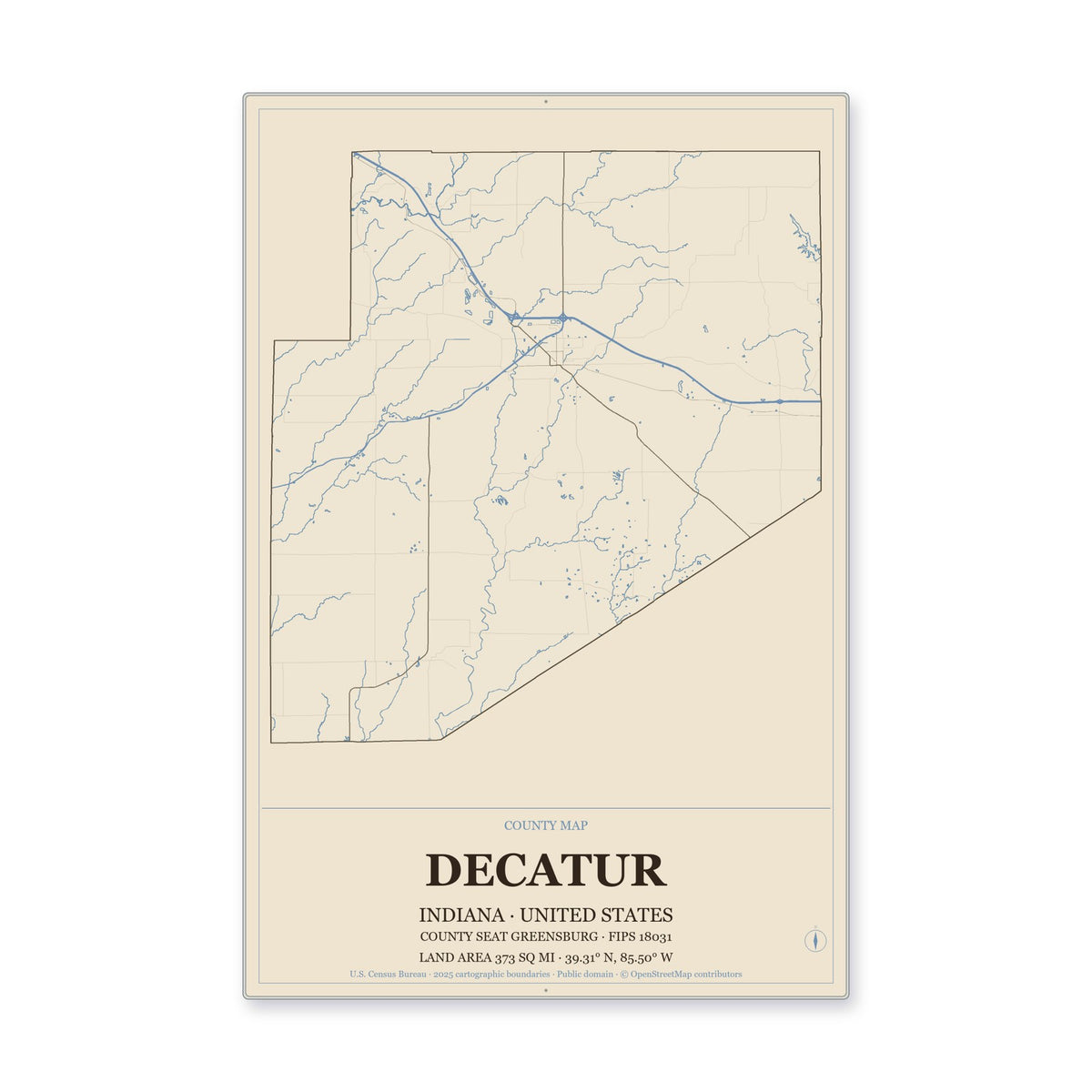 Decatur County, Indiana Map Aluminum Sign in Heritage Nautical style