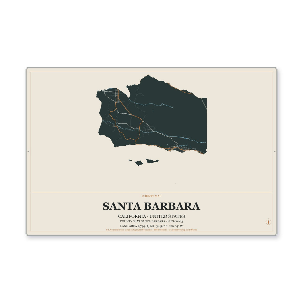 Santa Barbara County, California Map Aluminum Sign in Headline Atlas style