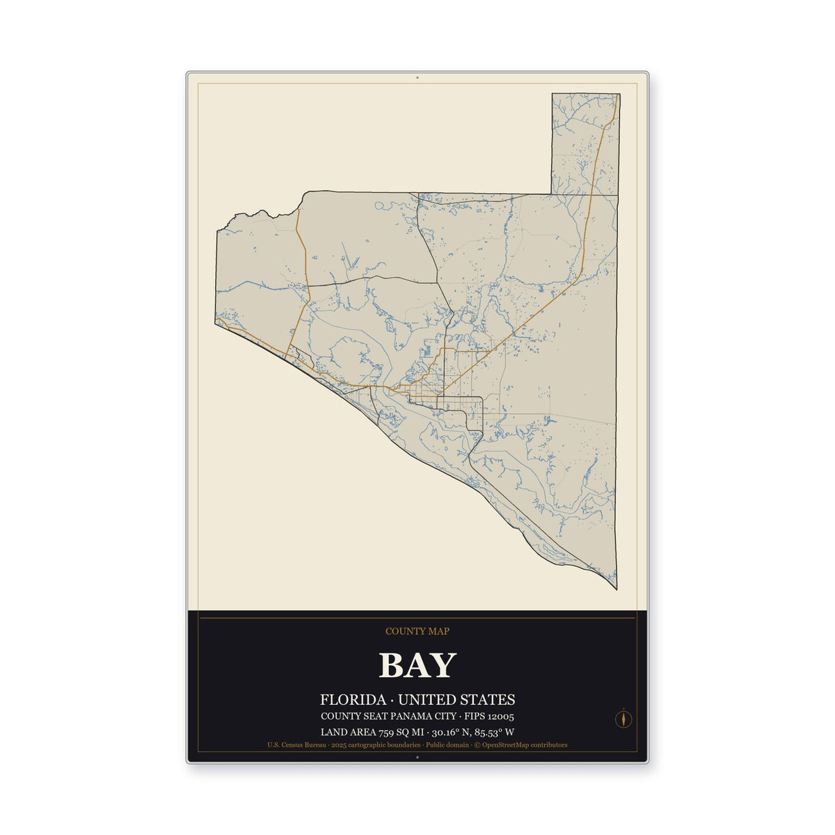 Bay County, Florida Map Aluminum Sign in Museum Plaque style