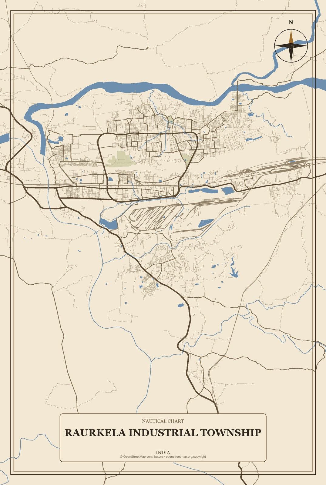 Raurkela Industrial Township, India City Map Aluminum Sign in Heritage Nautical style