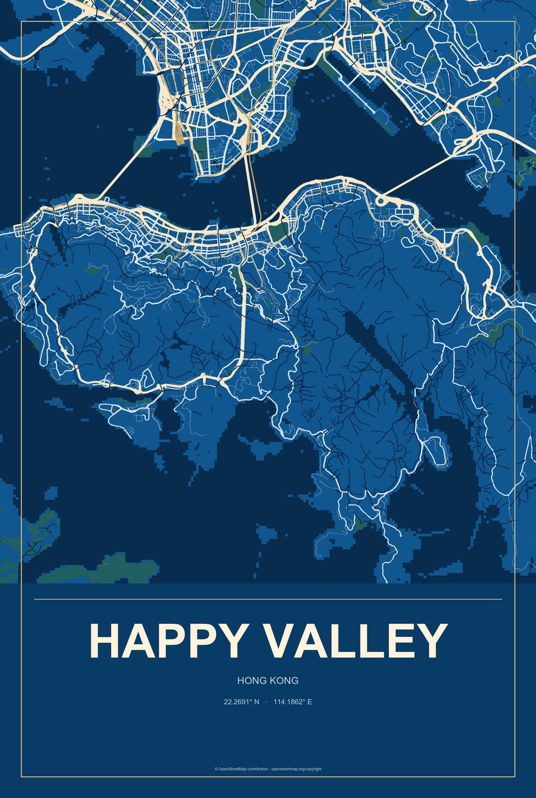 Happy Valley, Hong Kong City Map Aluminum Sign in Harbor Cobalt style
