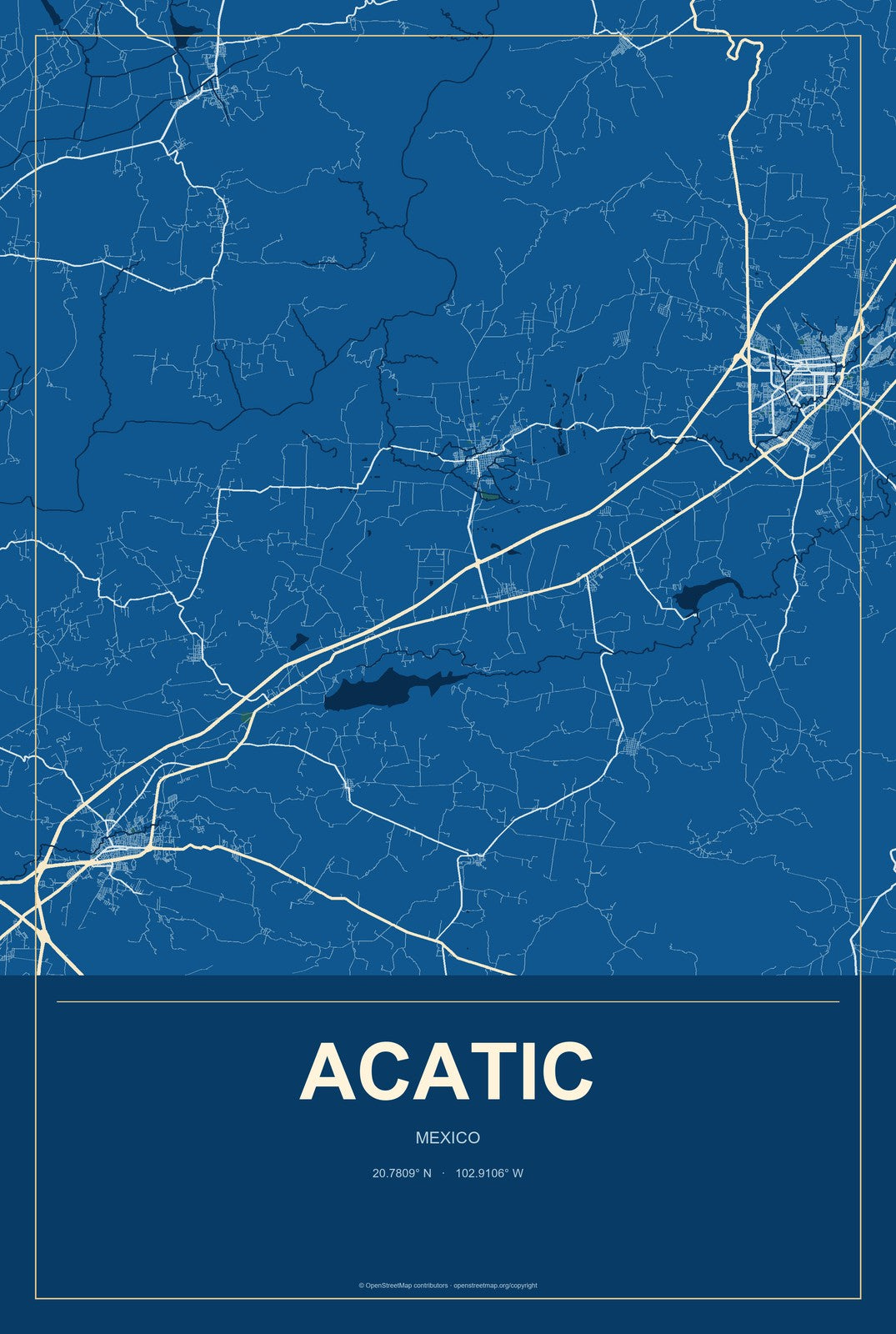 Acatic, Mexico City Map Aluminum Sign in Harbor Cobalt style