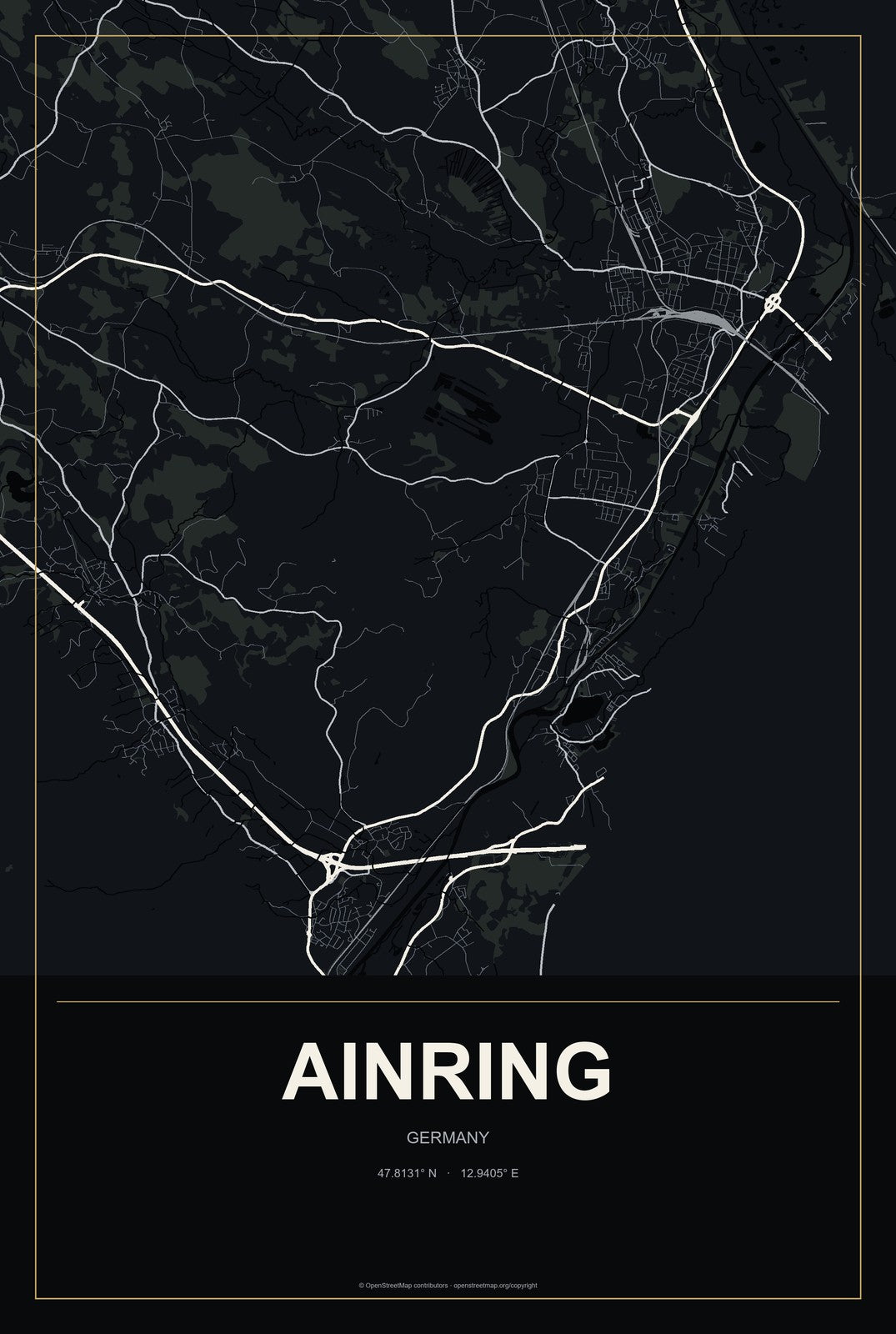 Ainring, Germany City Map Aluminum Sign in Metropolitan Noir style
