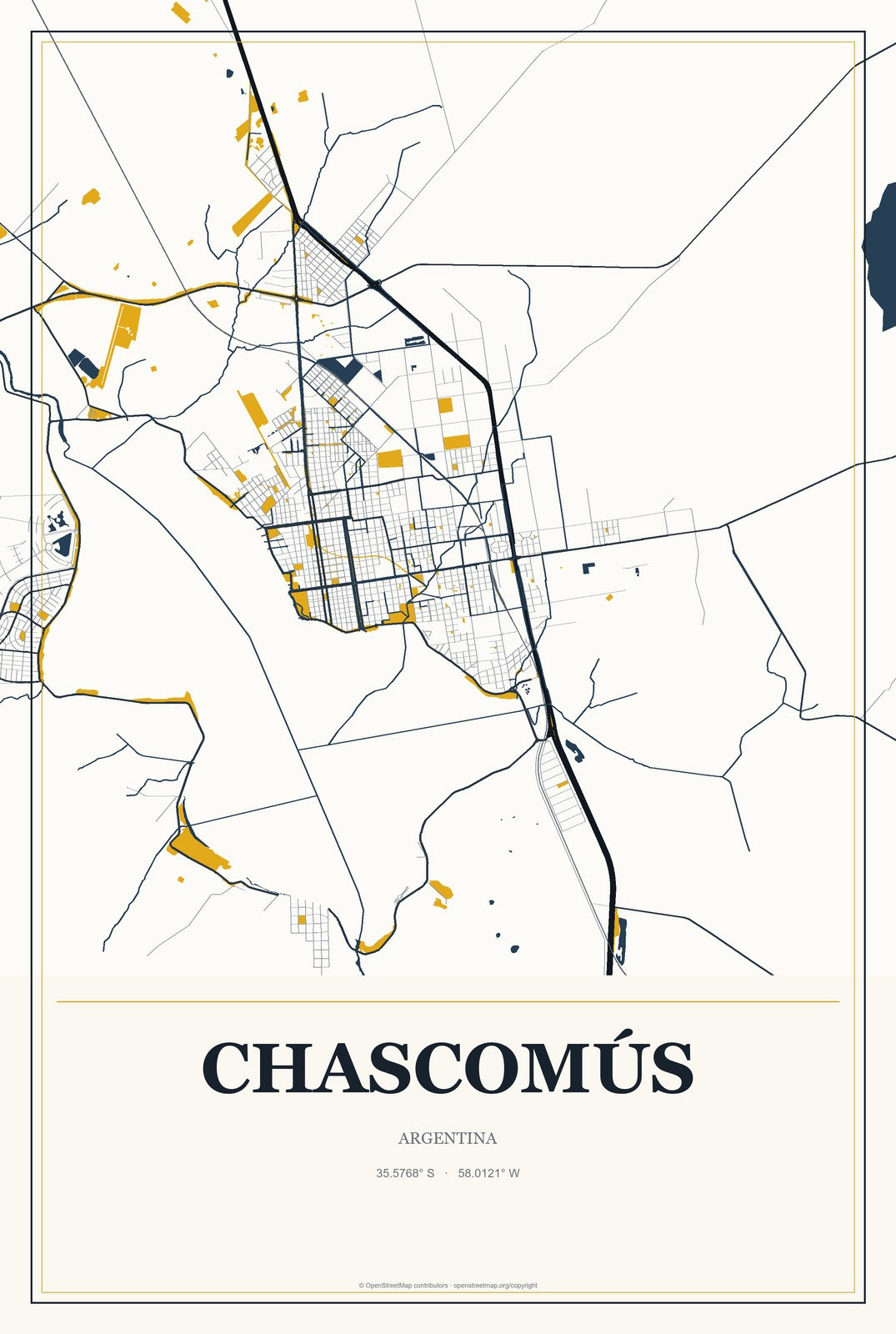 Chascomús, Argentina City Map Aluminum Sign in Citrine Modern style